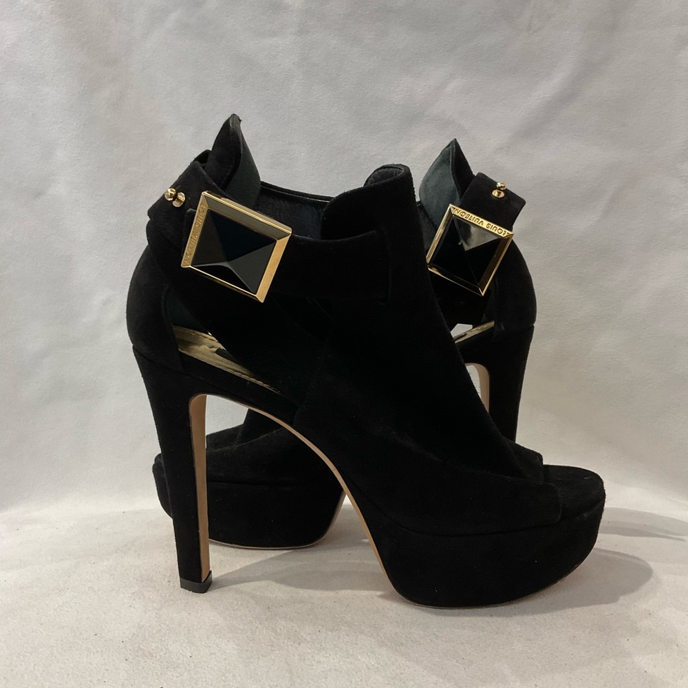 Louis Vuitton Black Suede Platform Peep-Toe Heels with Gold Accents